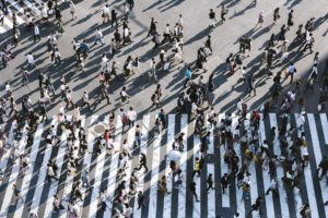 Crowds crossing the street